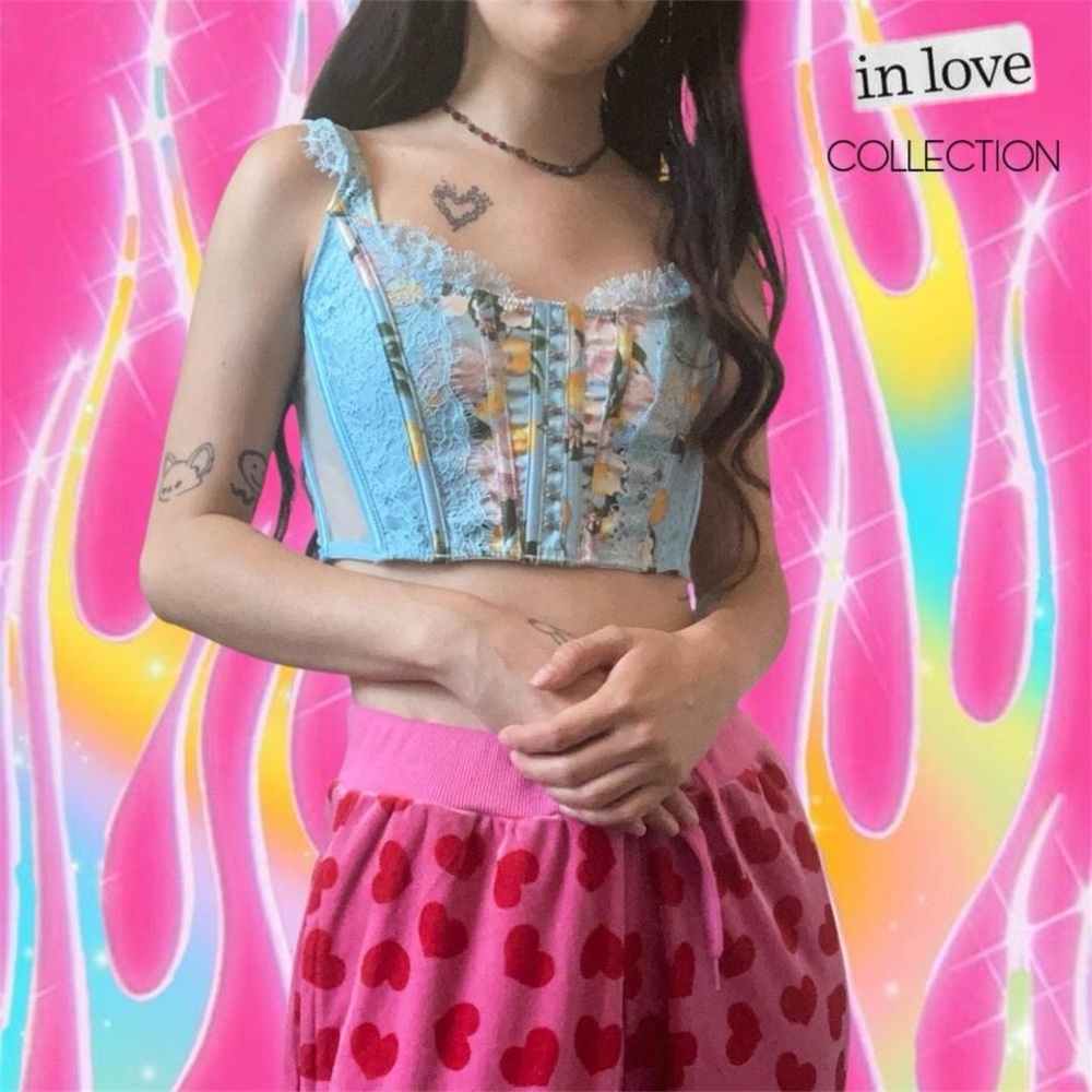 Y2k Styled Victorias Secret Dream Angels Unlined Lemon Print Lace Up Corset Top